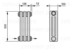 Схема (чертеж) Радиатор Zehnder Charleston 3050/3 №2670 Белый глянцевый RAL 9016